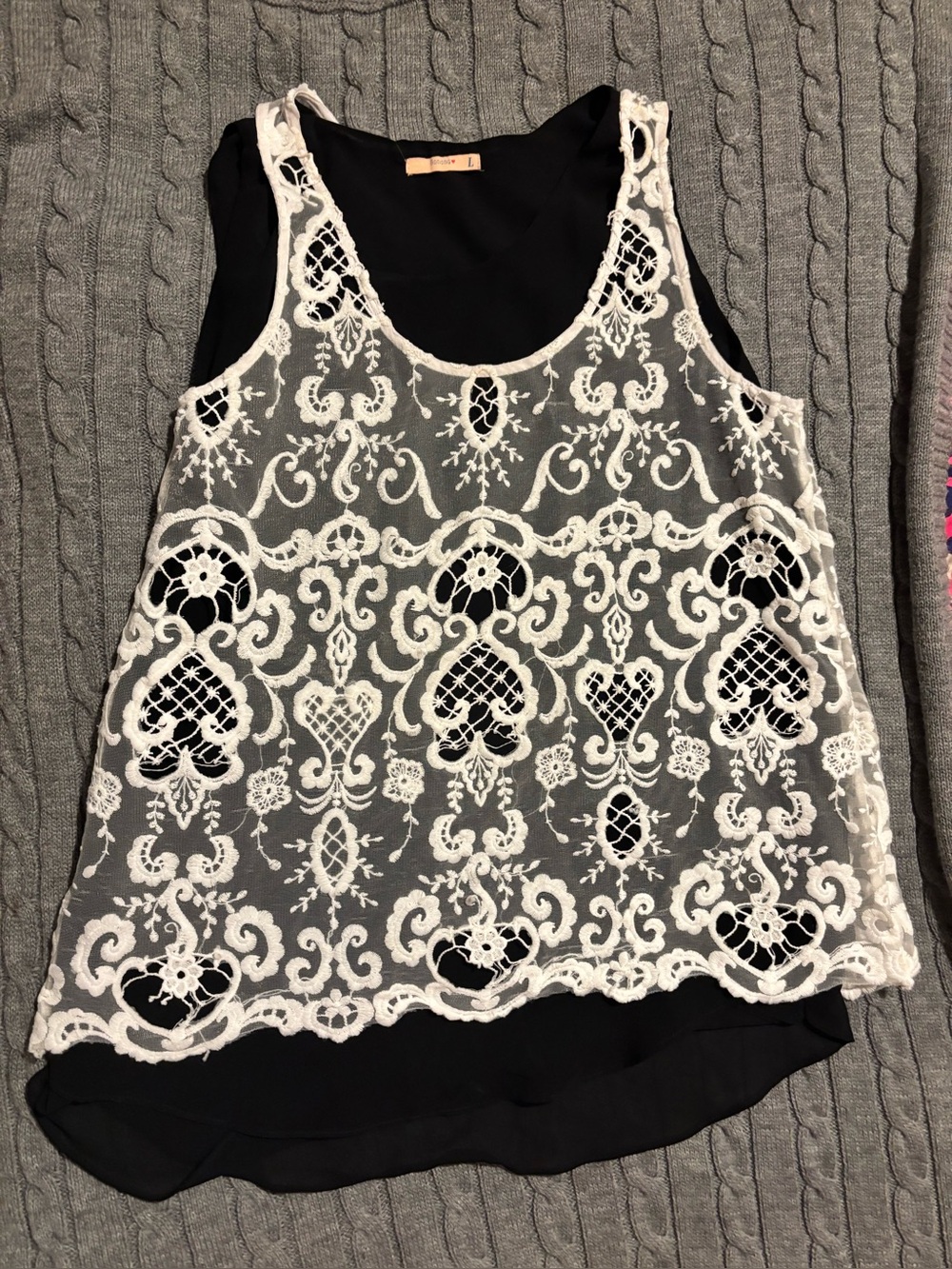 Banana Love Black Tank Top Cream White Embroidered Lace Mesh Overlay L